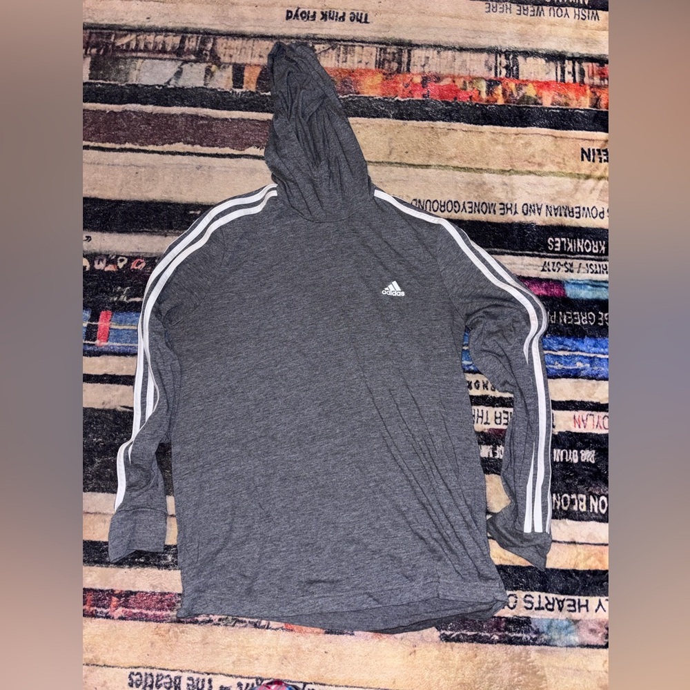 Adidas Men's Charcoal Hoodie with White Stripes medium